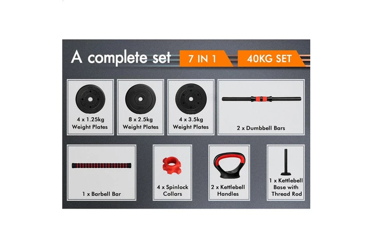 40Kg 6In1 Adjustable Dumbbell & Barbell & Kettlebell Set